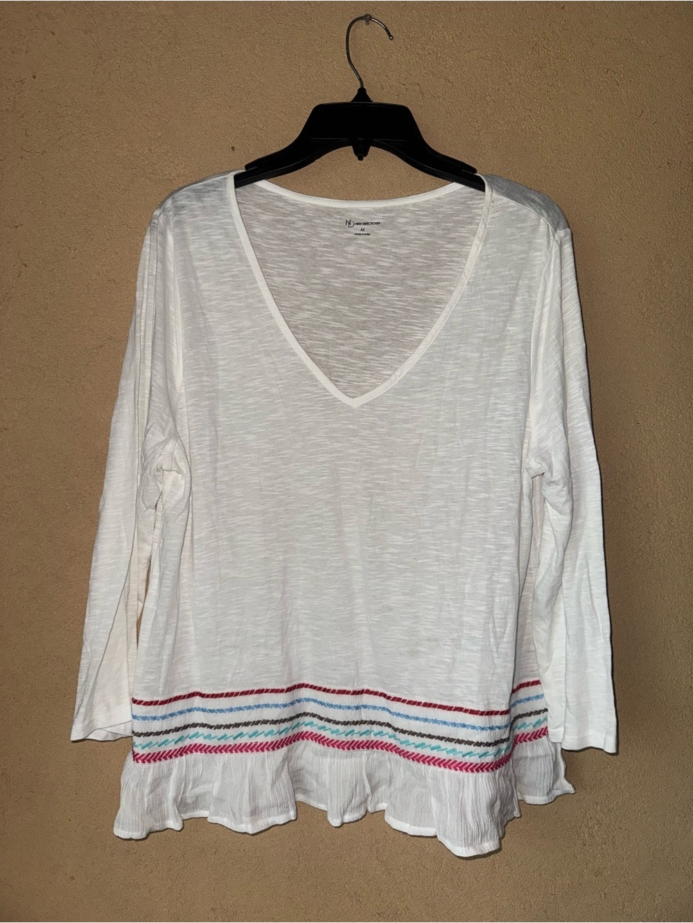 new directions White V-Neck Long Sleeve Tunic with Multicolor Hem Stripes